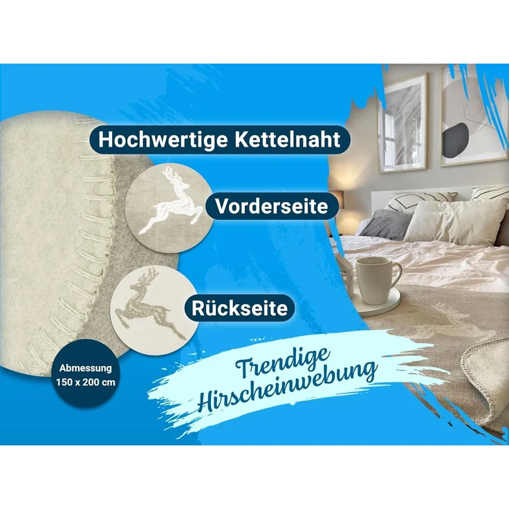 ZOLLNER Kuscheldecke, 150x200 cm, creme (beige) mit Hirschmotiv, 60% Baumwolle / 40% Polyacryl – Bild 4