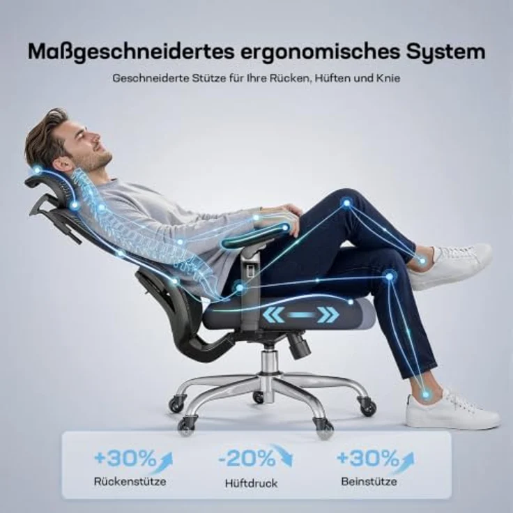 Marsail Bürostuhl mit 6D-Armlehnen, 3D-verstellbarer Kopfstütze, Schiebesitz, Lendenwirbelstütze, 4-Position-Neigungsschloss – hoher und großer Schreibtischstuhl mit Kapazität von 150kg, Schwarz, 4PCS – Bild 4