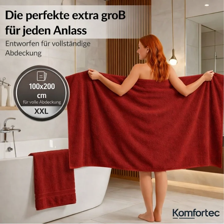Komfortec Badetuch 100x200 cm aus 100% Baumwolle, Saunatuch XXL, Weich, Groß, Frottee, Schnelltrocknend, Rot – Bild 2