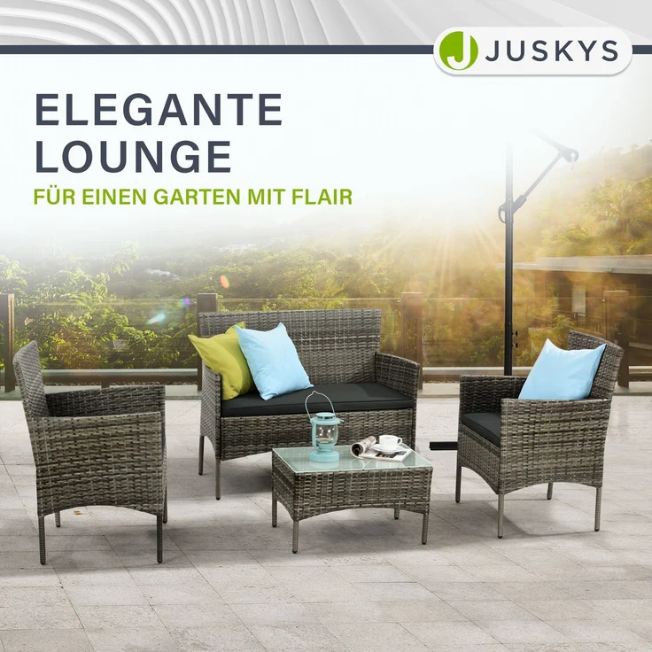 Juskys 'Fort Myers' Gartenmöbel Set mit Tisch, Sofa & 2 Stühlen, Polyrattan, 60x35 cm, Grau-meliert / Grau – Bild 4