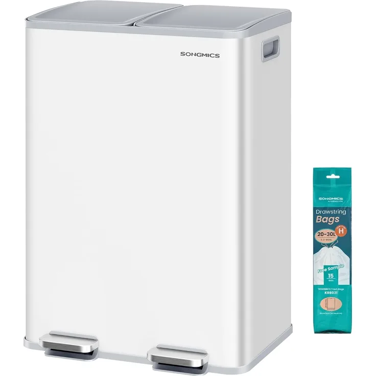 SONGMICS Mülleimer Küche, 2 x 30 Liter, 2 Fächer, Abfalleimer, Tretmülleimer, Küchenmülleimer mit Softclose-Deckel und Inneneimer, Stahl, inklusive 15 Müllbeutel