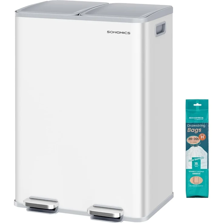 SONGMICS Mülleimer Küche, 2 x 30 Liter, 2 Fächer, Abfalleimer, Tretmülleimer, Küchenmülleimer mit Softclose-Deckel und Inneneimer, Stahl, inklusive 15 Müllbeutel – Bild 1