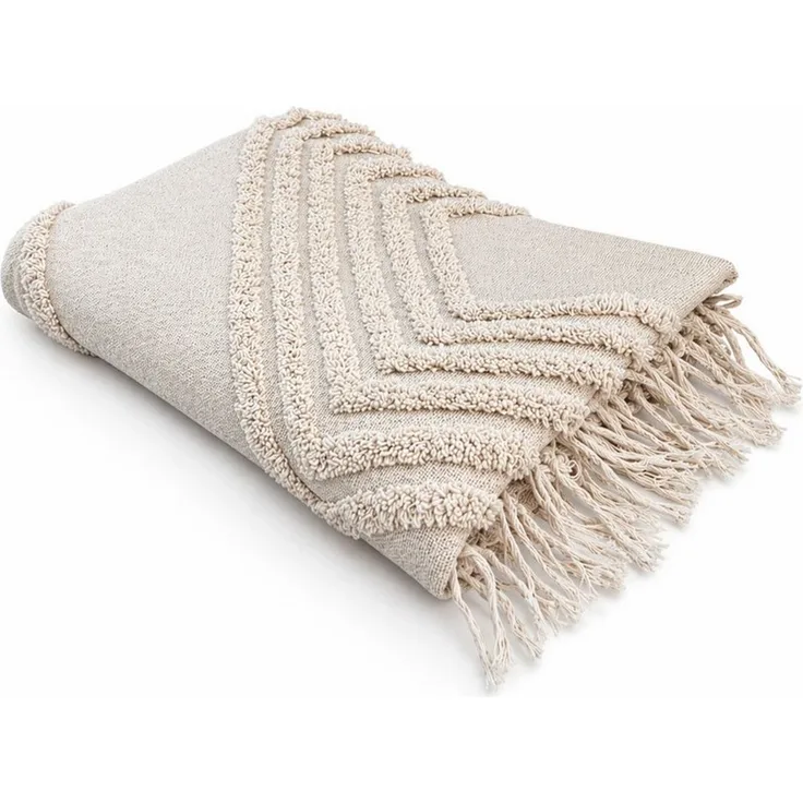 Ibiza Style Couchdecke 130x170cm » Wolldecke mit Fransen » Dekodecke 100% Baumwolle » Wohndecke im Boho Style » Kuscheldecke - Beige