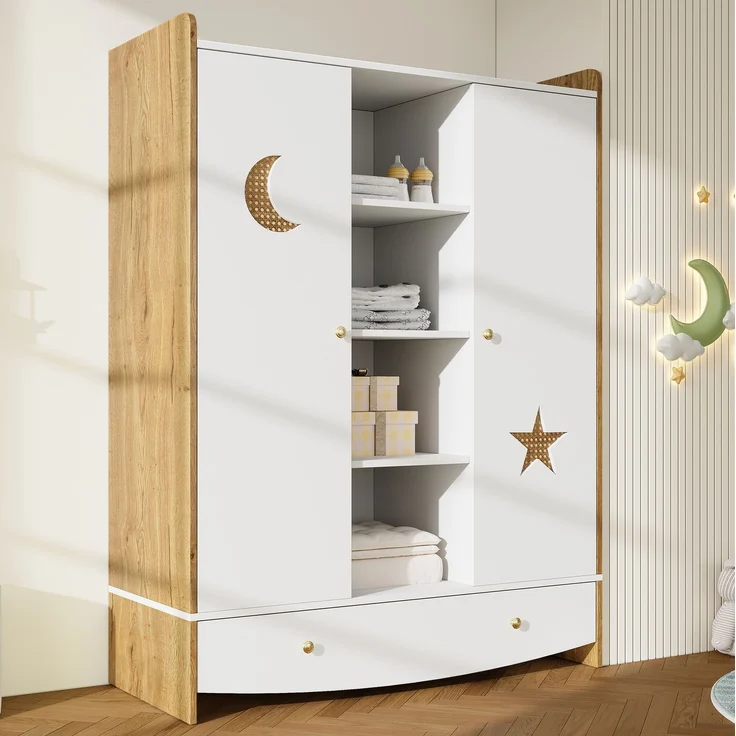 CHICFURN Kleiderschrank mit 2 Kleiderstangen, Schublade und Rattan-Elementen Natur+Weiß 120x50x160 cm – Bild 2