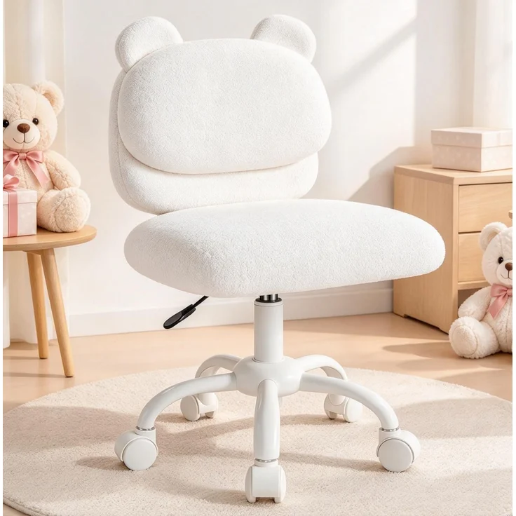 Marsail Schminktisch Stuhl, Schreibtischstuhl aus Teddyfleece,Cremeweiß | Ohne Armlehnen, Bären-Rückenlehne, breiter 49-cm-Sitz, Rollen, höhenverstellbar, Bürostuhl für Schlaf- & Arbeitszimmer