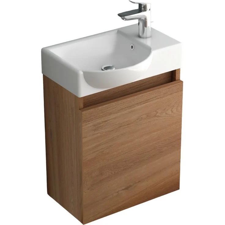 Alpenberger Badezimmer-Set aus Handwaschbecken mit Unterschrank - Bad Waschtisch Bamboo Optik, (Komplett-Set Midi Waschplätze, 2-St, Vormontiertes Badmöbel Hängeschrank), Wandschrank mit Soft-Close-Funktion, pflegeleicht & platzsparend – Bild 1