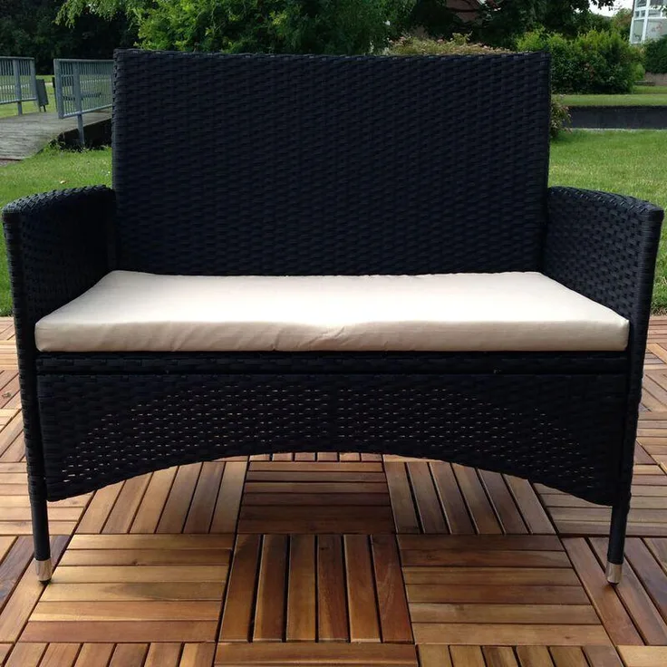 MELKO Rattanbank mit Sitzkissen Polyrattan Gartenbank Schwarz Sitzbank Parkbank - Melko