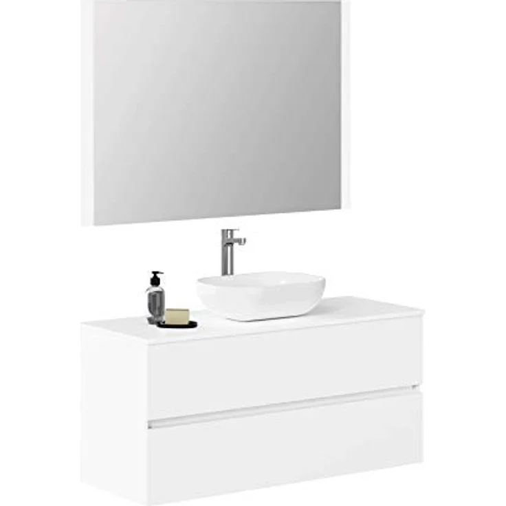 Baikal Onyx Badmöbel montiert, Möbel mit 2 Schubladen, Badezimmermöbel mit Waschbecken, Hängeschrank, Wandschrank, Keramikwaschbecken, inkl. Spiegel, 120 cm, Weiß – Bild 2