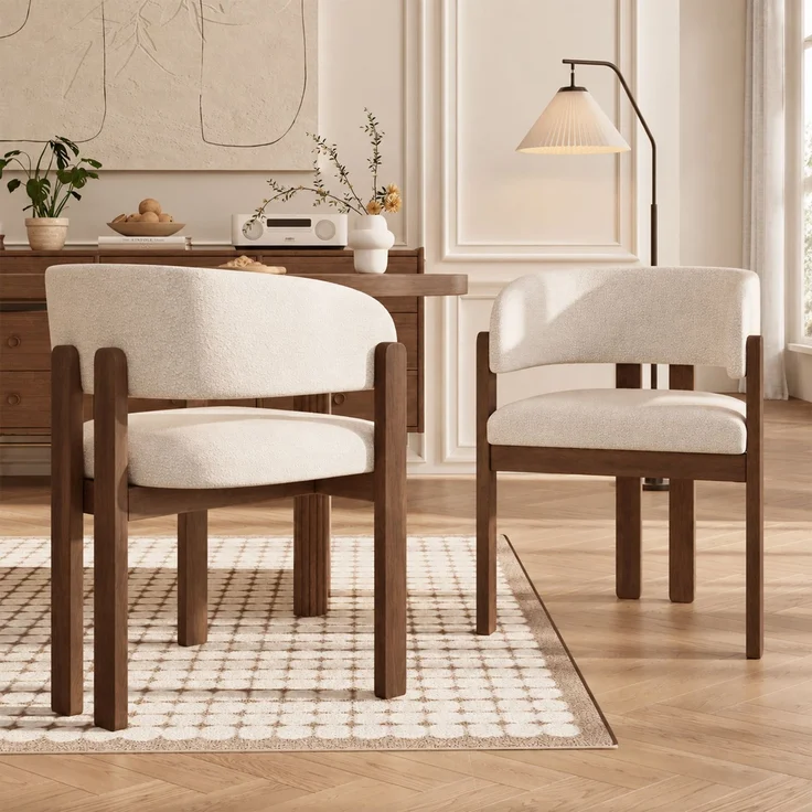 Esszimmerstuhl 6er-Set mit Armlehnen, Bouclé-Bezug und Massivholzrahmen in Walnussfarbe,80x60x51 cm – Bild 4