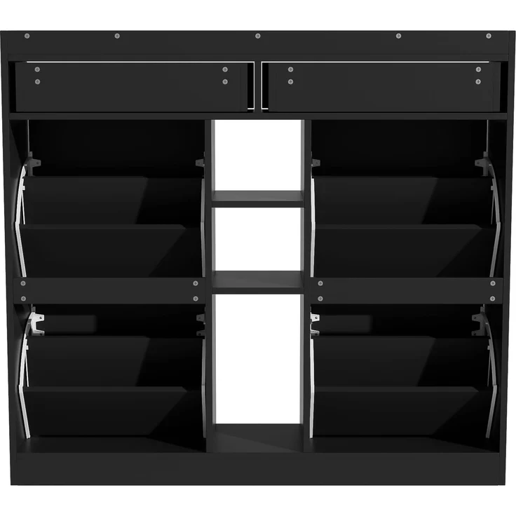 ZUBALIYA Schuhschrank (110 x 26 x 100 cm), 4 Klappfächer und 2 Schubladen, Offener Stauraum, Stauraum für Flur und Eingangsbereich, Schwarz – Bild 17