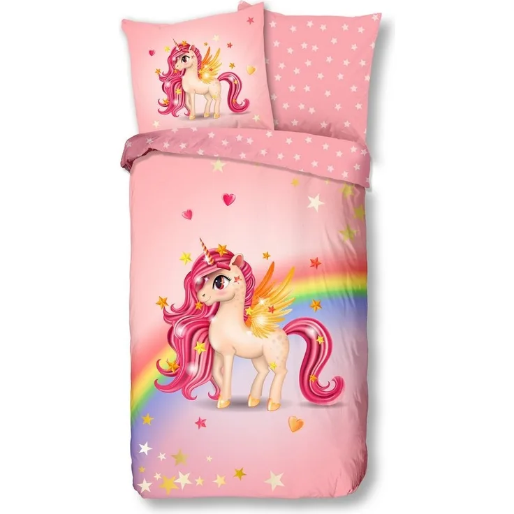 Soma Renforcé Bettwäsche Regenbogen Set 2 teilig Bettbezug 135x200cm Kopfkissenbezug 80x80cm Einhorn pink