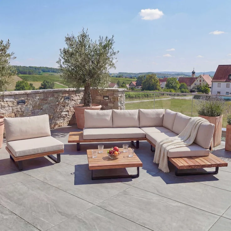 Garten-Garnitur mit Sessel HWC-H54, Lounge-Set Sofa, Spun Poly Akazie Holz FSC® Aluminium ~ hellbraun, Polster beige – Bild 1