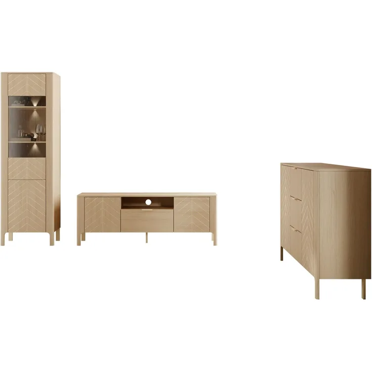 Wohnzimmer-Set Mirkosa I (Farbe: Vicenza Eiche, mit weißer LED Beleuchtung)