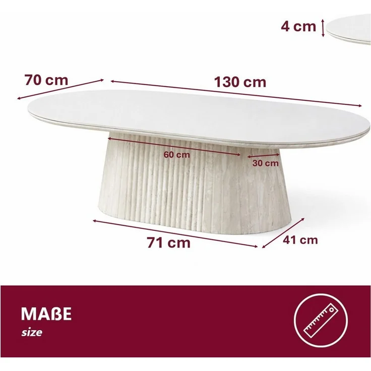 HOOZ Wohnzimmertisch Couchtisch oval modern, Säulenfuß inkl. Keramikplatte 130x70 cm Kalk (Einzelprodukt, 1× Couchtisch), Keramik-Tischplatte, verschiedene Varianten, pflegeleicht & stabil – Bild 4