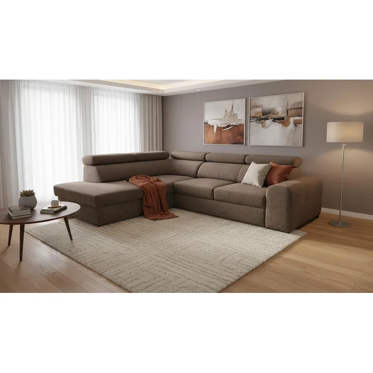 Wohnero24 Ecksofa PAVONE 4 208x263 cm – modernes Chenille Sofa Dunkelbraun mit Schlaffunktion 190x125 cm & Bettkasten, verstellbare Kopfstützen – Bild 4