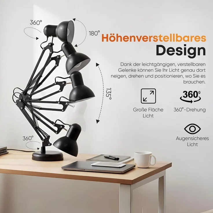 Goods+Gadgets LED Schreibtischlampe LED Schreibtischlampe mit Arm–Verstellbare Tischlampe für Büro & Home, mit Gelenk-Arm aus Metall inkl. LED Glühbirne, Arbeitslampe – Bild 4