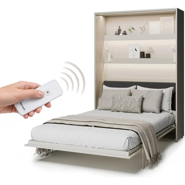 MEBLINI Elektrisches Schrankbett BC-36 - 140x200cm Vertikal - Kaschmir - Kopfteil Dunkelgrau ohne Matratze - Wandbett mit Lattenrost und Kopfteil - Wandklappbett – Bild 1