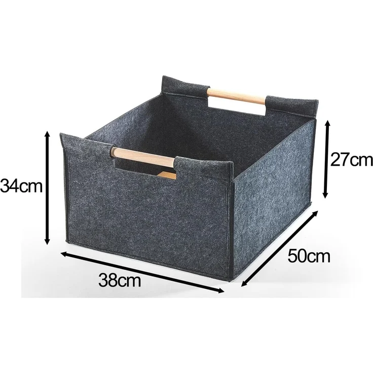 Kobolo Kaminholzkorb Allzweckkorb Holzgriffe Filz dunkelgrau 50x38x34cm (ohne Deckel) – Bild 2