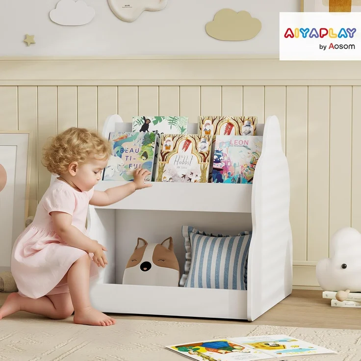 AIYAPLAY Spielzeugtruhe mit Rädern, 4 Regalen (Kinderregal, 1 St, 2-stöckiges Spielzeugregal), für Kinderzimmer, Spielzimmer, Wohnzimmer, 54 x 50 x 56 cm, Weiß – Bild 2