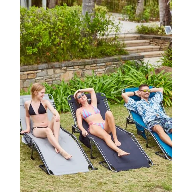 KingCamp Übergroße Sonnenliege Klappbar 5-Fach Verstellbar Gartenliege Liegestuhl Dreibeinliege Liege Campingliege mit Kopfkissen und Seitentasche bis 150 kg für Garten Urlaub Strand Pool 200x68 cm – Bild 3