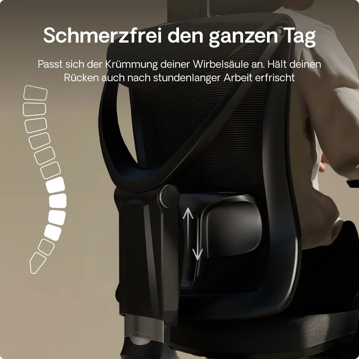 Desktronic Bürostuhl Verstellbarer Ergonomischer SitPro, Schwarz 3-Dimensional Armlehne, Integrierte 5-Wege-Lendenwirbelstütze – Bild 7