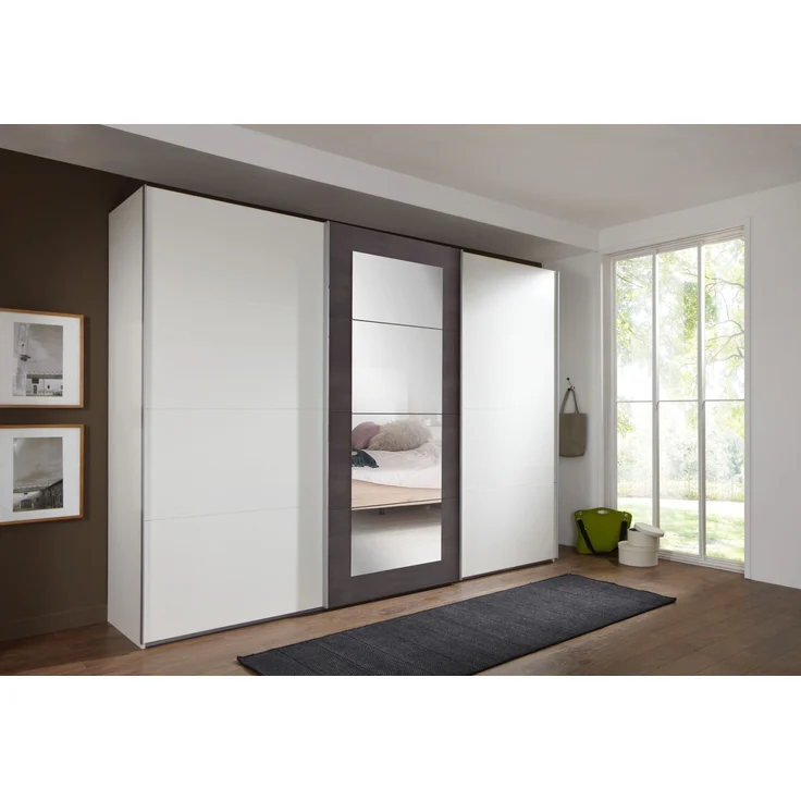 Schwebetürenschrank >Minden< in WEISS + RAW STEEL - 270x208x65cm (BxHxT) – Bild 1