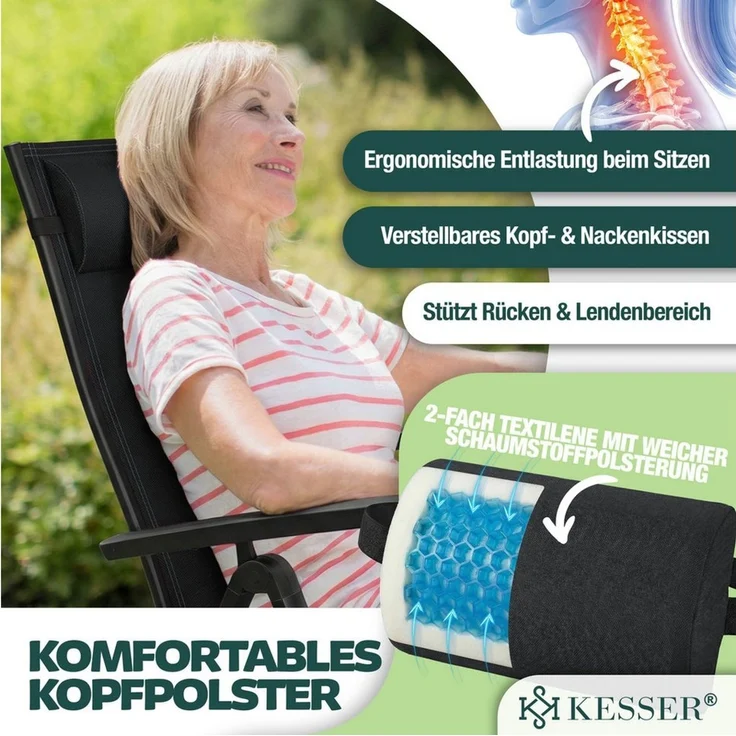 KESSER® Gartenstuhl Hochlehner mit Armlehnen | Aluminium Klappstuhl inkl. Kopfkissen Campingstuhl 7-Fach Verstellbar Rückenlehne | Atmungsaktiv & Wetterfest | Klappbar & Anti-Rutsch Schwarz, 6 Stück – Bild 4