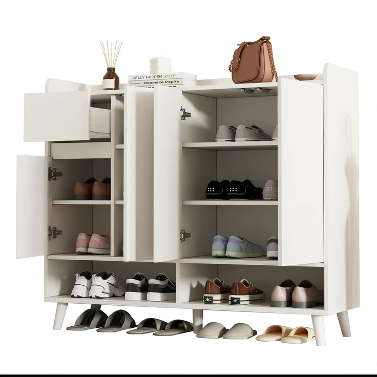 Merax Schuhschrank, Sideboard, mit großem Stauraum, 4 Türen und 1 Schubladen mit einem verstellbaren Regal, Weiß – Bild 10