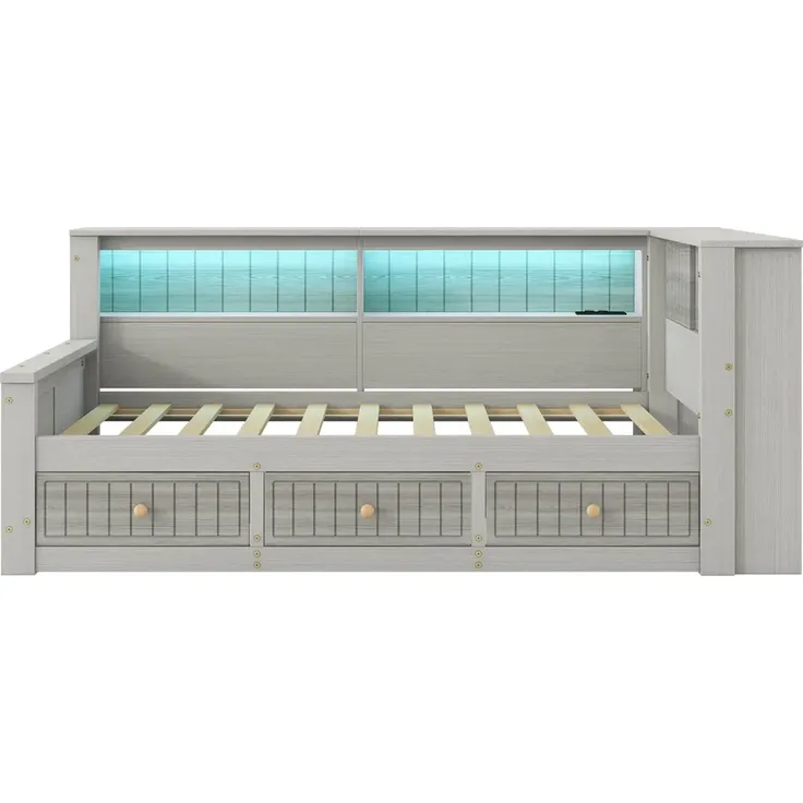 Stauraumbett, 90x200cm, Schlafsofa mit LED-Beleuchtung, Lattenrost, Schubladen, Regal, Steckdose, USB/Type-C, Holzbett, Jugendbett, Einzelbett – Bild 8