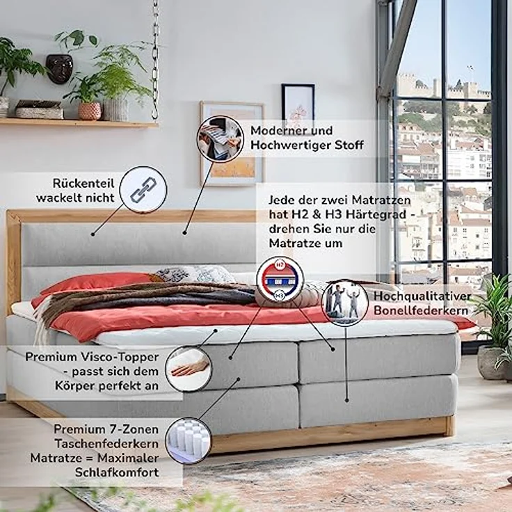 Belanoti Boxspringbett Age (Boxspringbett 180x200 Eiche 7-Zonen Taschenfederkern Matratze, inkl Visco Topper Bett 180x200 in der Farbe Hellgrau H2/H3 Polsterbett), Hotelbett mit Massivholz Eiche Massivholzbett – Bild 6