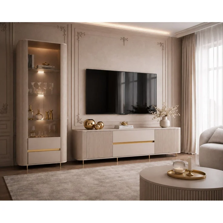 ALLHOUSE24 Wohnzimmer-Set MIRACLE IV Stilvolle Eleganz mit Vitrine und TV-Lowboard in Sandbeige, (2-St, Das Set besteht aus: Vitrine, TV Schrank), Breite: Vitrine: 76 cm, TV-Schrank: 180 cm – Bild 2