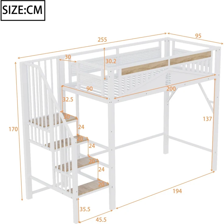 EINHOM Metall-Hochbett 90 x 200 cm, Einzigartige Sicherheitsumrandung mit Fenster, mit Sicherheitsleiter, Genügend Platz unter dem Bett für Freien Stoffbezug, Weiß (Ohne Matratze) – Bild 2