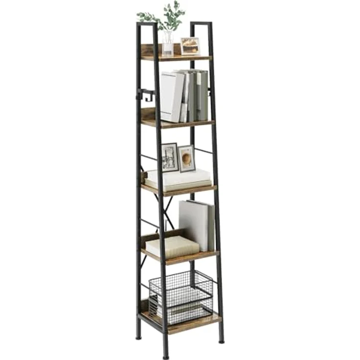 YITAHOME Schmal Bücherregal mit 5 Ebenen 35 cm Breit, Industrielles Leiterregal Standregal Holzregale und Metallrahmen, Modernes Regal für Wohnzimmer, Büro, Rustikales Braun – Bild 8