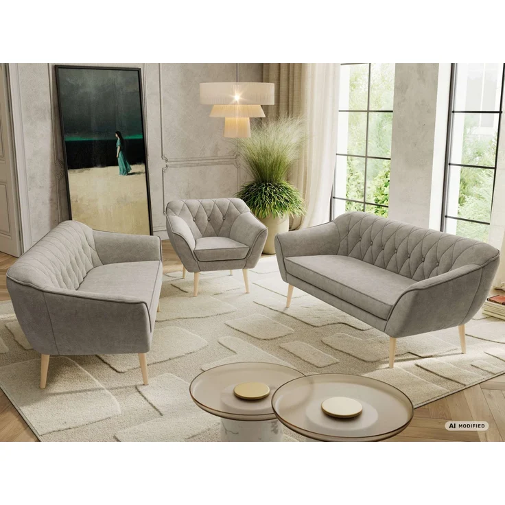Wohnzimmerset, Möbelset PIRS 3-3-1, Armlehnen, Wellenfederung, Buche Füße, Dreisitzer Sofas mit Sessel, Polstermöbel Set - Greige Stukture – Bild 5