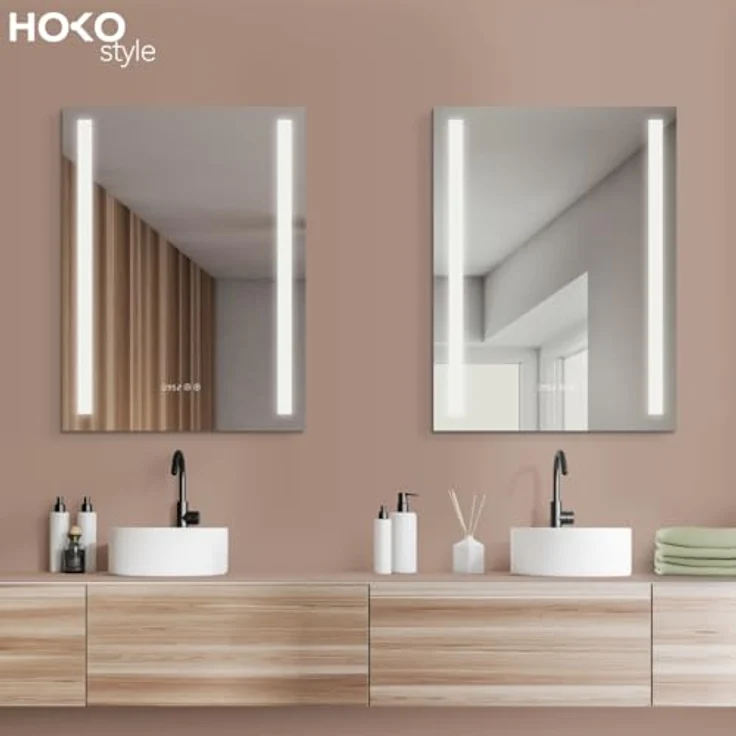 HOKO LED Badspiegel 50x70/60x80 cm mit Digitaluhr, Antibeschlag, Touchsteuerung und dimmbarem Licht (Warmweiß - Kaltweiß - Neutral), IP44, 5mm HD Glas – Bild 5
