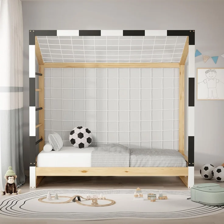 ML-DESIGN Spielbett Kinderbett Fußballtor Holzbett mit Lattenrost Kletterleiter & Netz, Handballtor Abenteuerbett 80x160cm Natur für Kinder aus Kiefernholz – Bild 8
