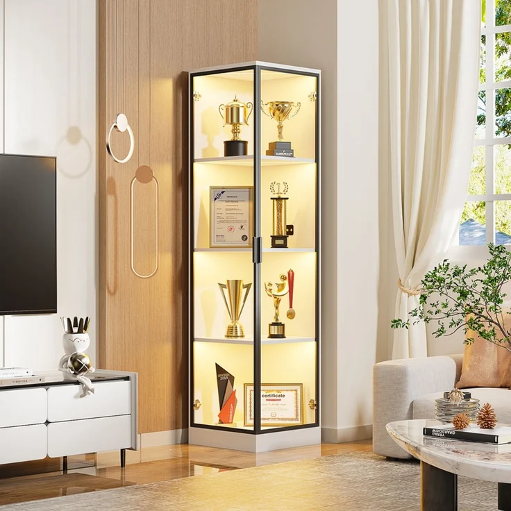 Eckvitrine 85x165x36 cm, Glasvitrine mit LED-Beleuchtung, Körpersensor und 4 Regalböden, Weiß – Bild 2