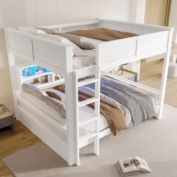 160x200 Etagenbett mit Stauraumschränken und LED-Licht, Weiß – Bild 5