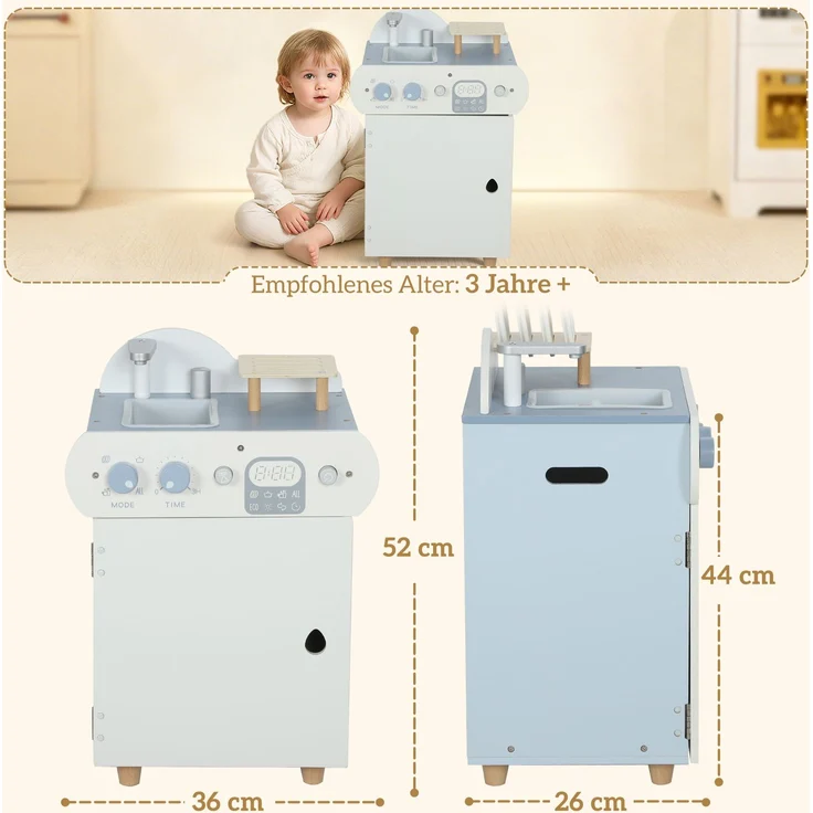 Spülküchen-Set, Holzgeschirrspüler für Kinder, 32 Zubehör-Teile, MDF, für Kinder ab 3 Jahren, Hellblau--Blau--52x26x36cm--CHENHAONING – Bild 5
