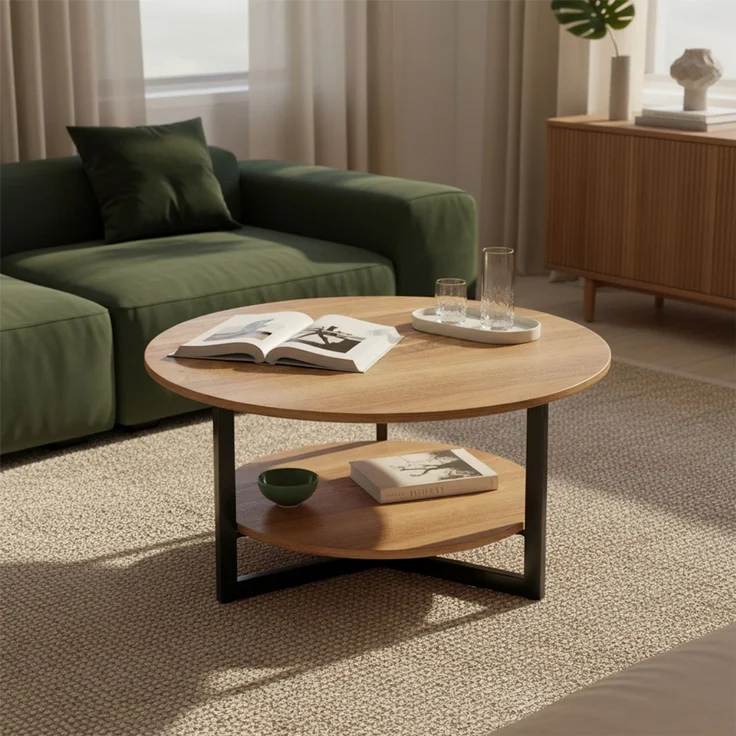 skølm 'Drakkar' Couchtisch rund, Massivholz Eiche, natur geölt, Wohnzimmertisch Ø70 cm mit Metallgestell, Beistelltisch für Wohnzimmer mit Ablage – Bild 1