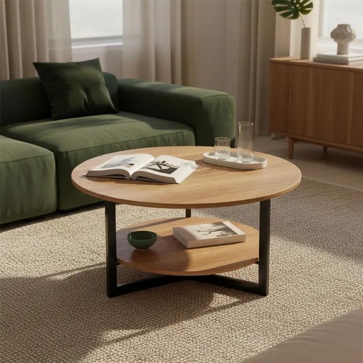 skølm 'Drakkar' Couchtisch rund, Massivholz Eiche, natur geölt, Wohnzimmertisch Ø70 cm mit Metallgestell, Beistelltisch für Wohnzimmer mit Ablage