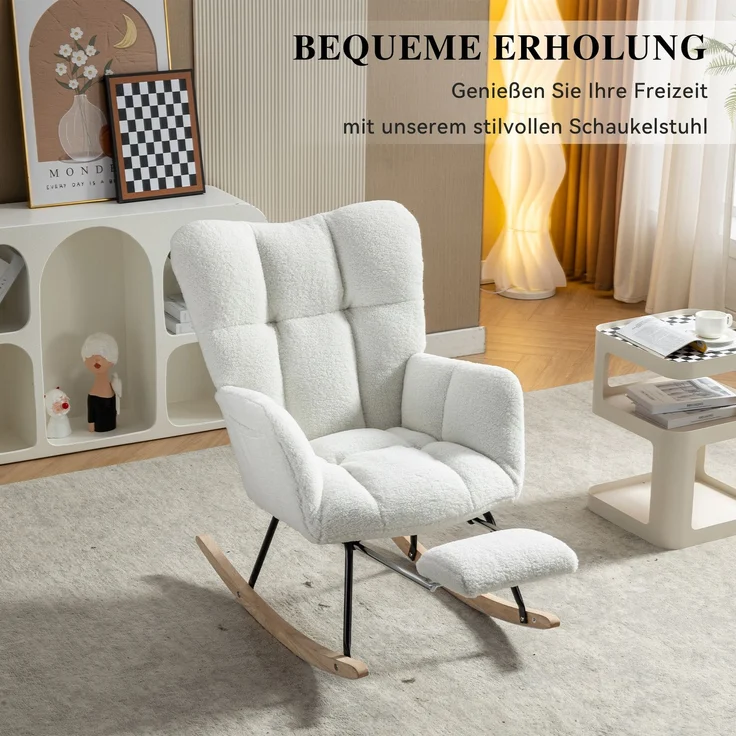 Teddy-Schaukelstuhl mit Holz- & Metallrahmen,ergonomisch gepolstert,Weiß,leises Design für Wohnzimmer, Schlafzimmer & Büro – Bild 5
