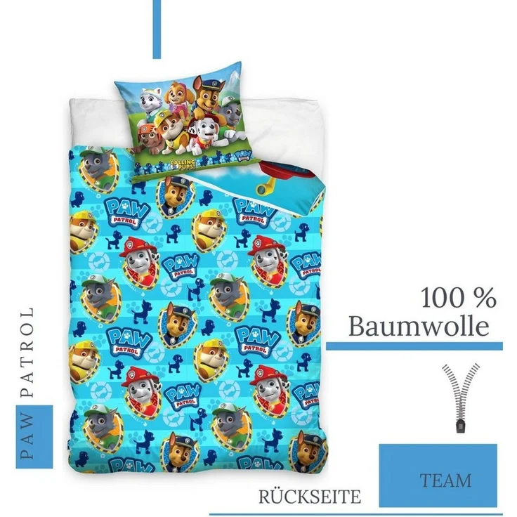 MTOnlinehandel Kinderbettwäsche Paw Patrol 135x200 + 80x80 cm, 100 % Baumwolle, Renforcé, 2 teilig, Bettwäsche-Set für Kinder, Mädchen und Jungen – Bild 4