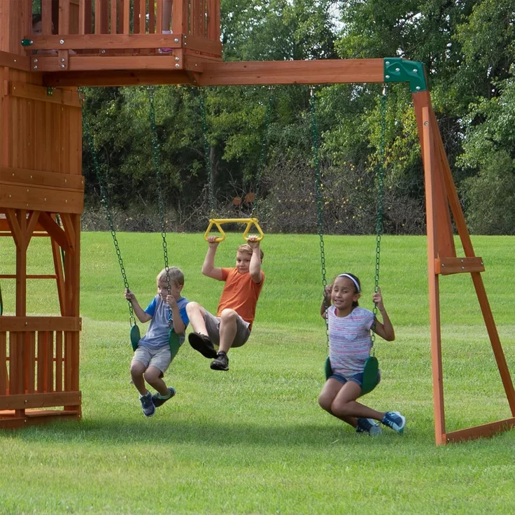 Backyard Discovery Spielturm Skyfort II aus Holz XXL Spielhaus für Kinder mit Rutsche, Schaukel, Trapezstange, Kletterwand und Aussichtsturm | Braun | Holz | 670 cm – Bild 5