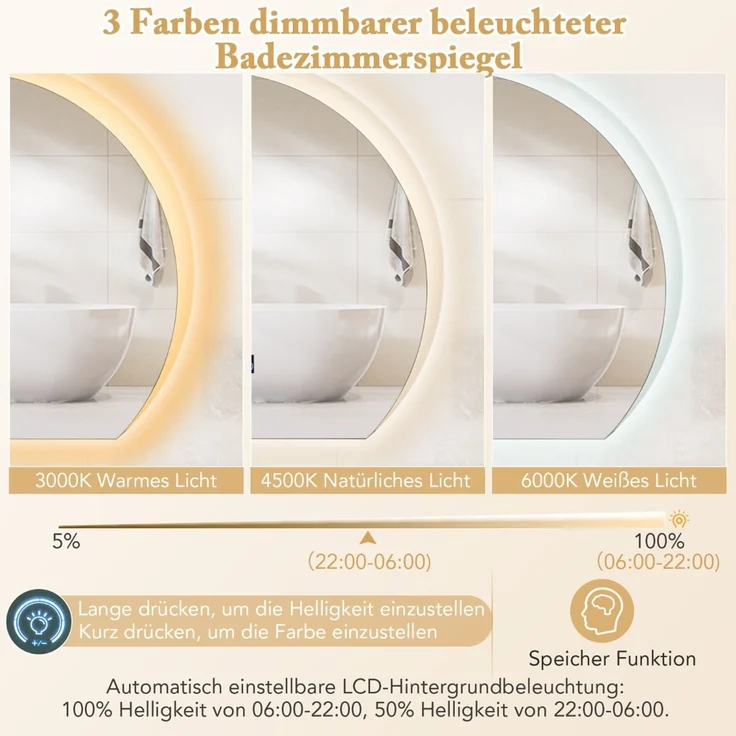 Halbrunder Badezimmerspiegel mit 3-farbigen LED-Leuchten Dimmbarer Kosmetikspiegel – Bild 4