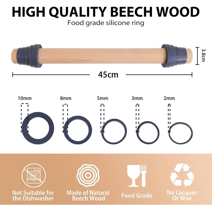 Nudelholz Buchenholz Teigroller Einstellbar Dicke Ringe Backzubehör Rolling Pin – Bild 2