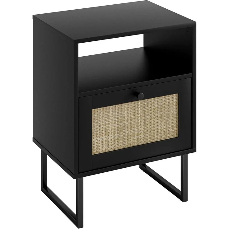 Nachttisch Rattan Boho Bauernholz Schublade Regal Beistelltisch Schwarz – Bild 8