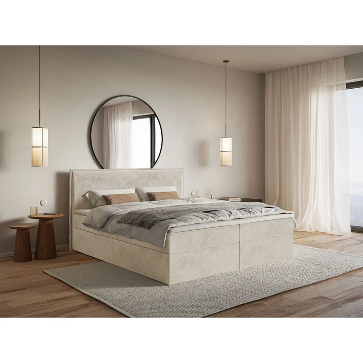 Selsey 'Softie' Boxspringbett 140x200 cm mit Topper und Stauraum, Velours wasserabweisend, Beige – Bild 2