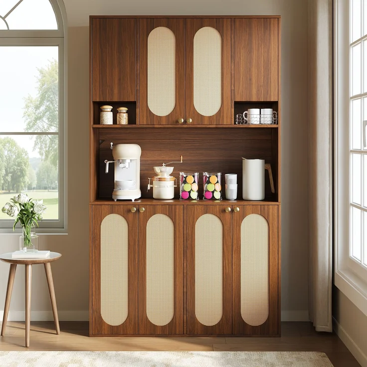 ZUBALIYA Sideboard (106 x 40 x 178 cm), LED - Beleuchtung, Gedämpftes Schließen, Fronten in Flechtoptik, Naturfarben – Bild 8