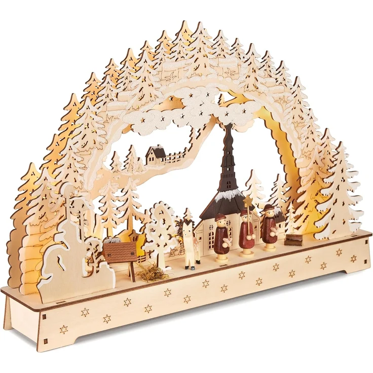 BRUBAKER LED Schwibbogen 3D Lichterbogen - Sternsinger - LED-Beleuchtung mit Batterie und Kabel (1-tlg), Holz Natur - 27 x 40 x 7,5 cm - Handbemalte Figuren – Bild 1